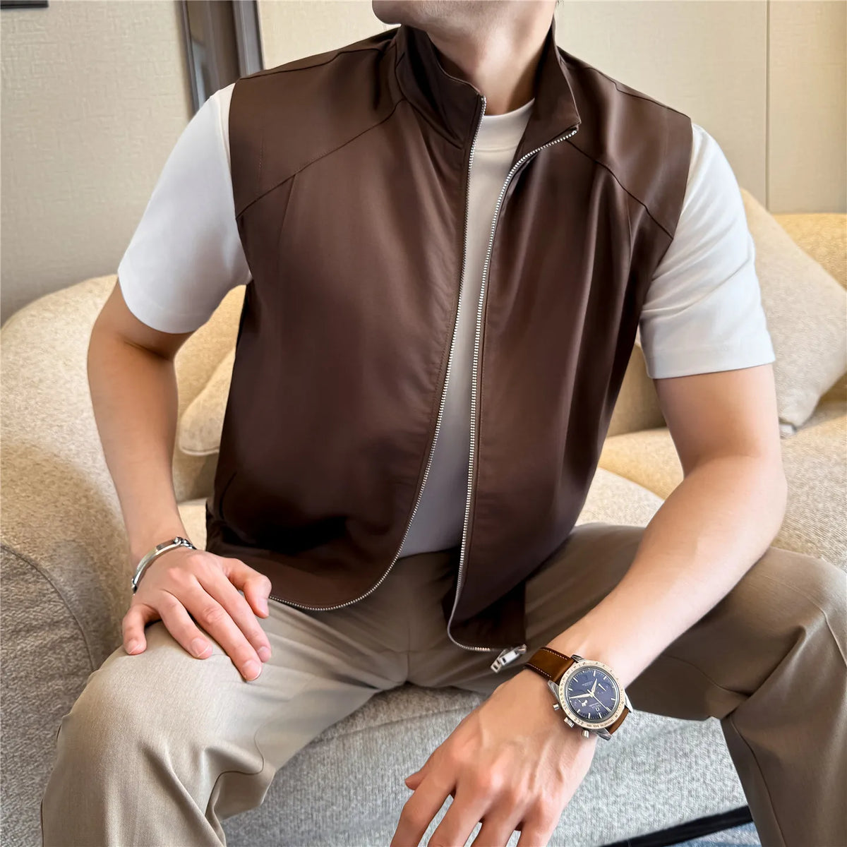 kaki Couleur Gilet Sans Manches Homme Tencel Respirant À Glissière
