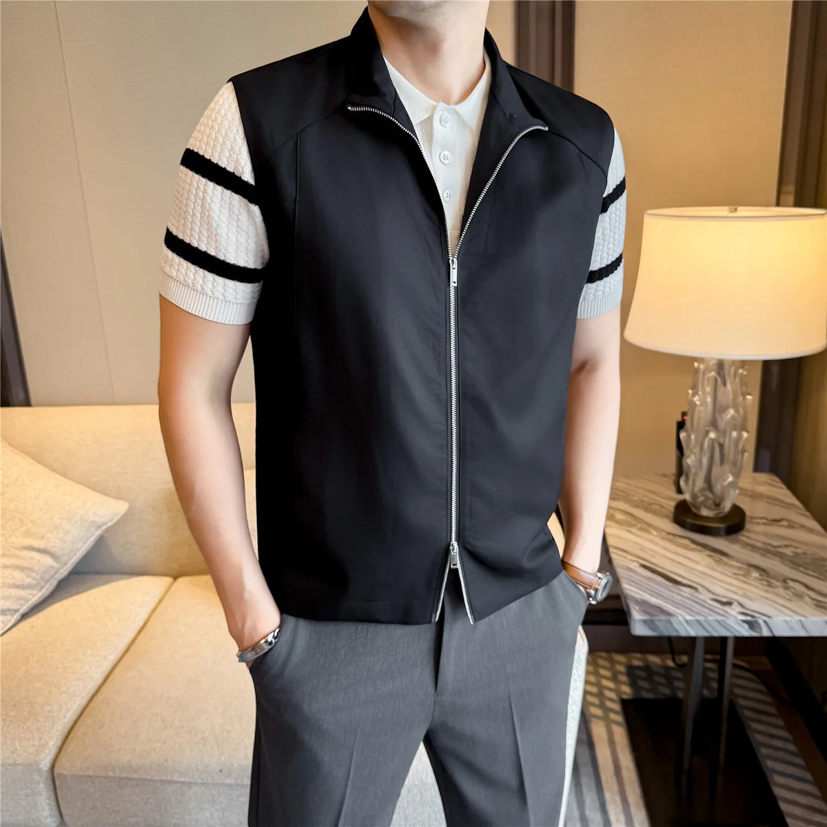 noir Couleur Gilet Sans Manches Homme Tencel Respirant À Glissière