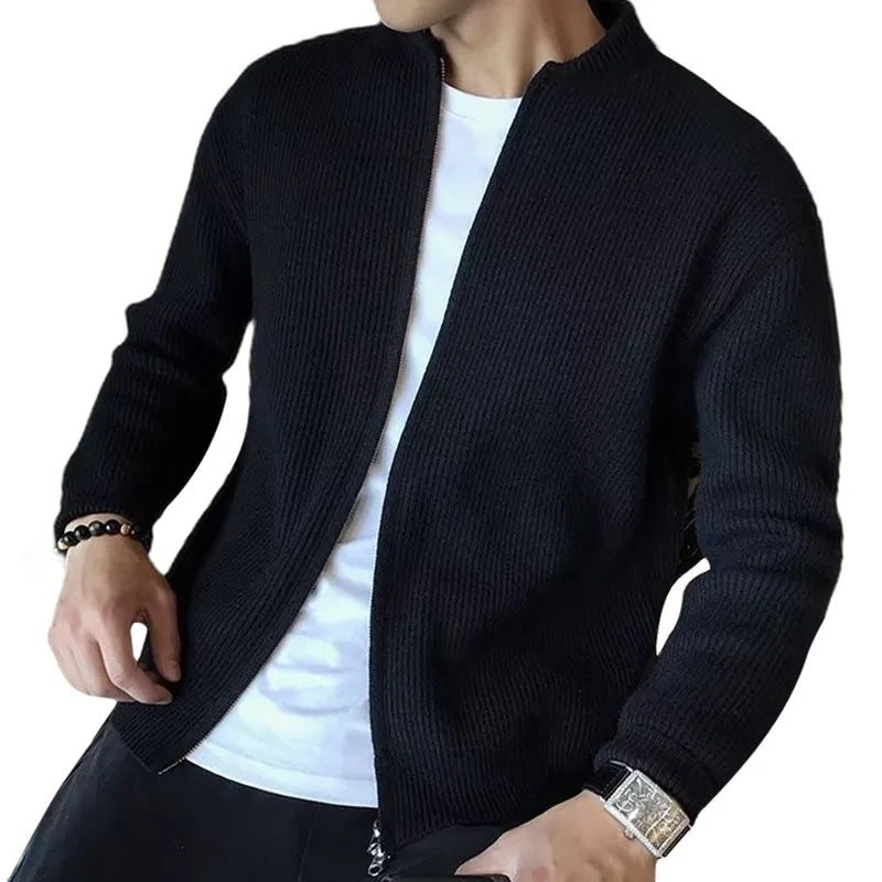 Noir Couleur Cardigan Zippé Homme en Maille Fine Casual