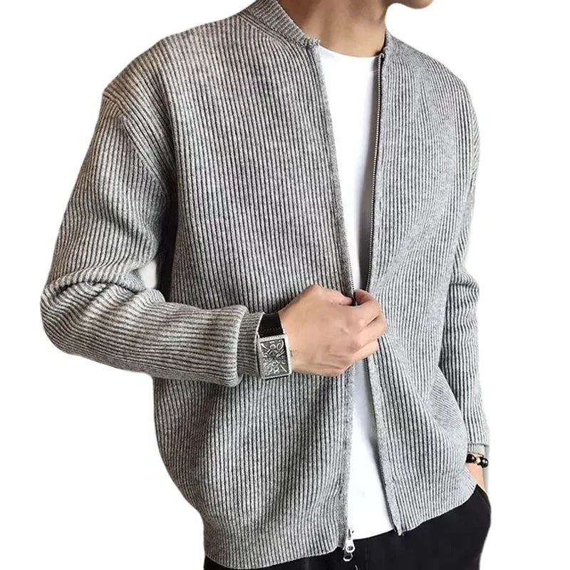 Gris Couleur Cardigan Zippé Homme en Maille Fine Casual